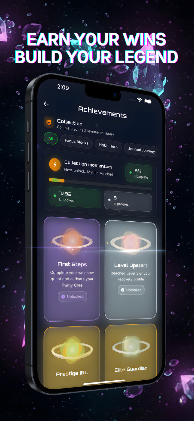 Gamified Recovery feature in Zend gaming addiction recovery app - Earn XP, level up, and unlock achievements as you progress