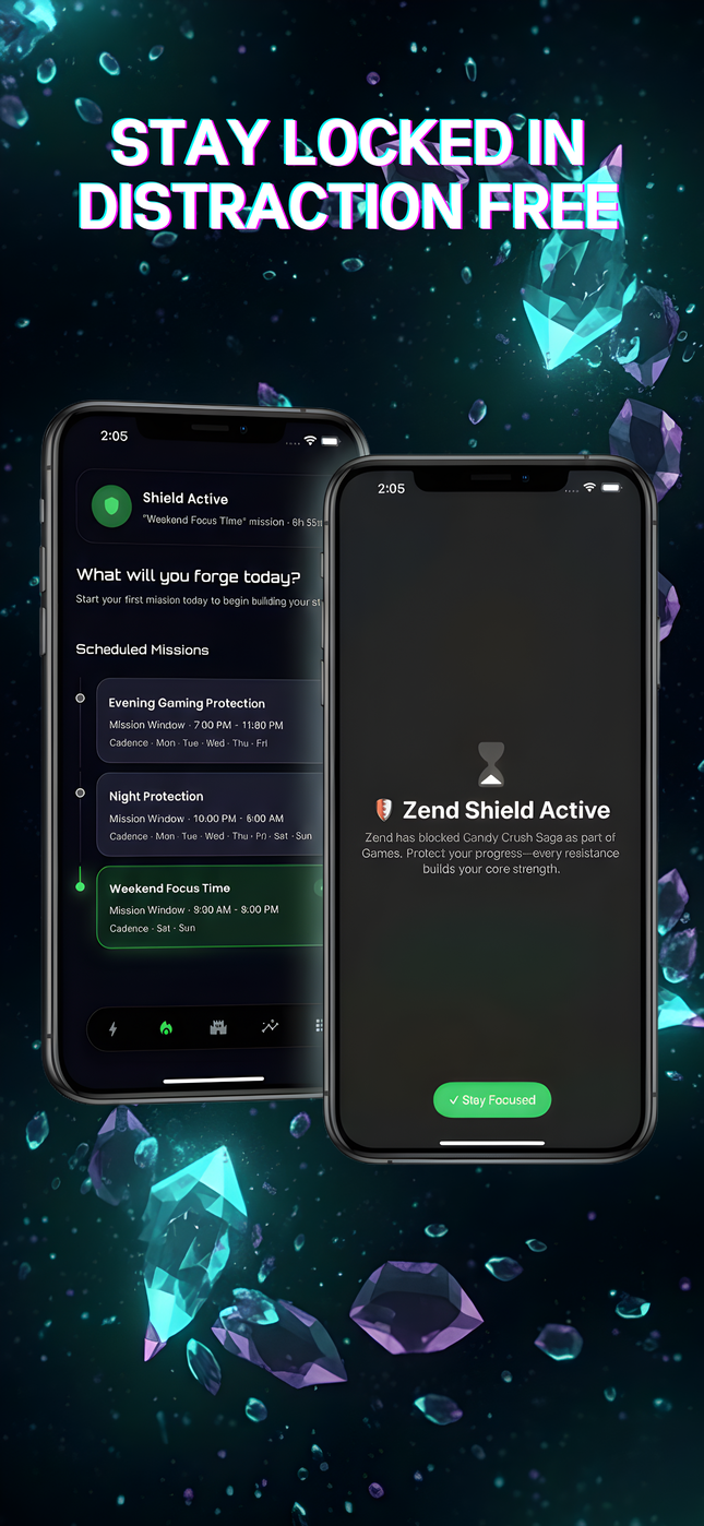 Screen Time Blocker feature in Zend gaming addiction recovery app - Native iOS Screen Time integration blocks games during focus hours