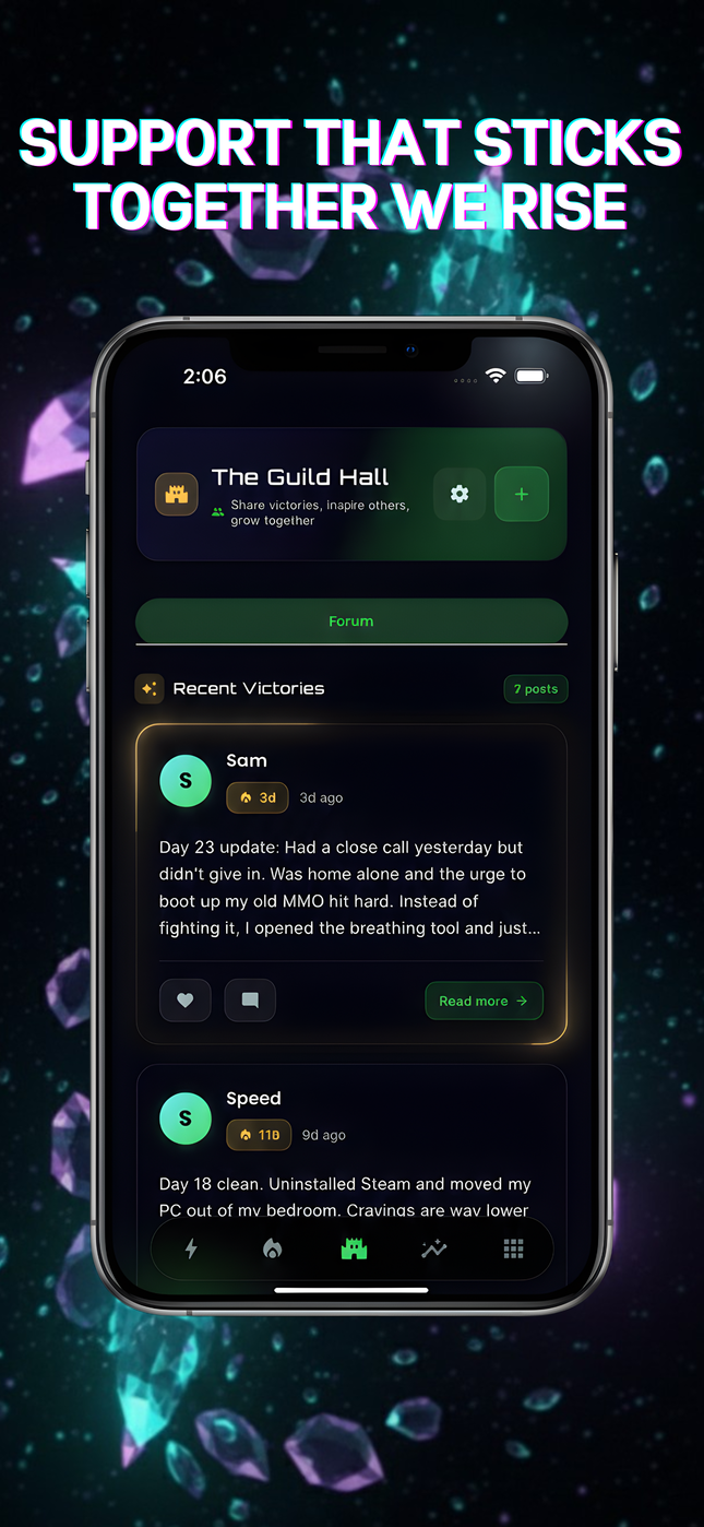 Community Support feature in Zend gaming addiction recovery app - Join guilds, share progress, and get accountability from others