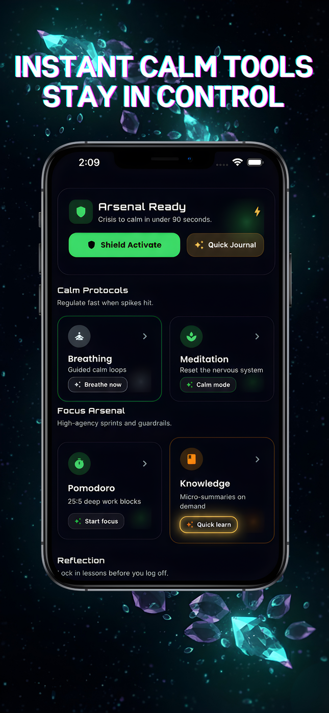 Recovery Tools feature in Zend gaming addiction recovery app - Meditations, urge surfing, panic button, and focus sessions
